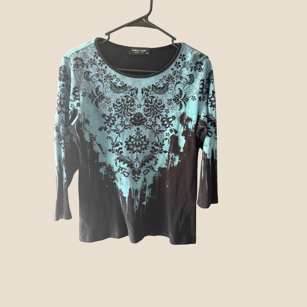 Katina Marie Y2k Grunge Turquoise Black Damask Rhinestone 3/4 Sleeve Top M